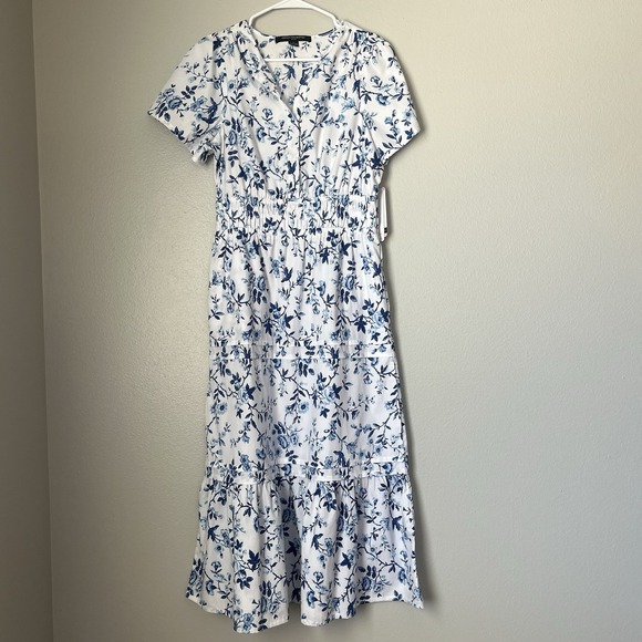 French Connection Women's Small Tiered Maxi Dress Navy‎ Blue White Floral V Neck - Picture 1 of 9